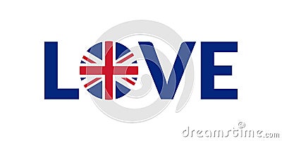 Love UK design with British flag. Great Britain patriotic logo, sticker or badge. Typography design for T-shirt graphic. Vector Vector Illustration